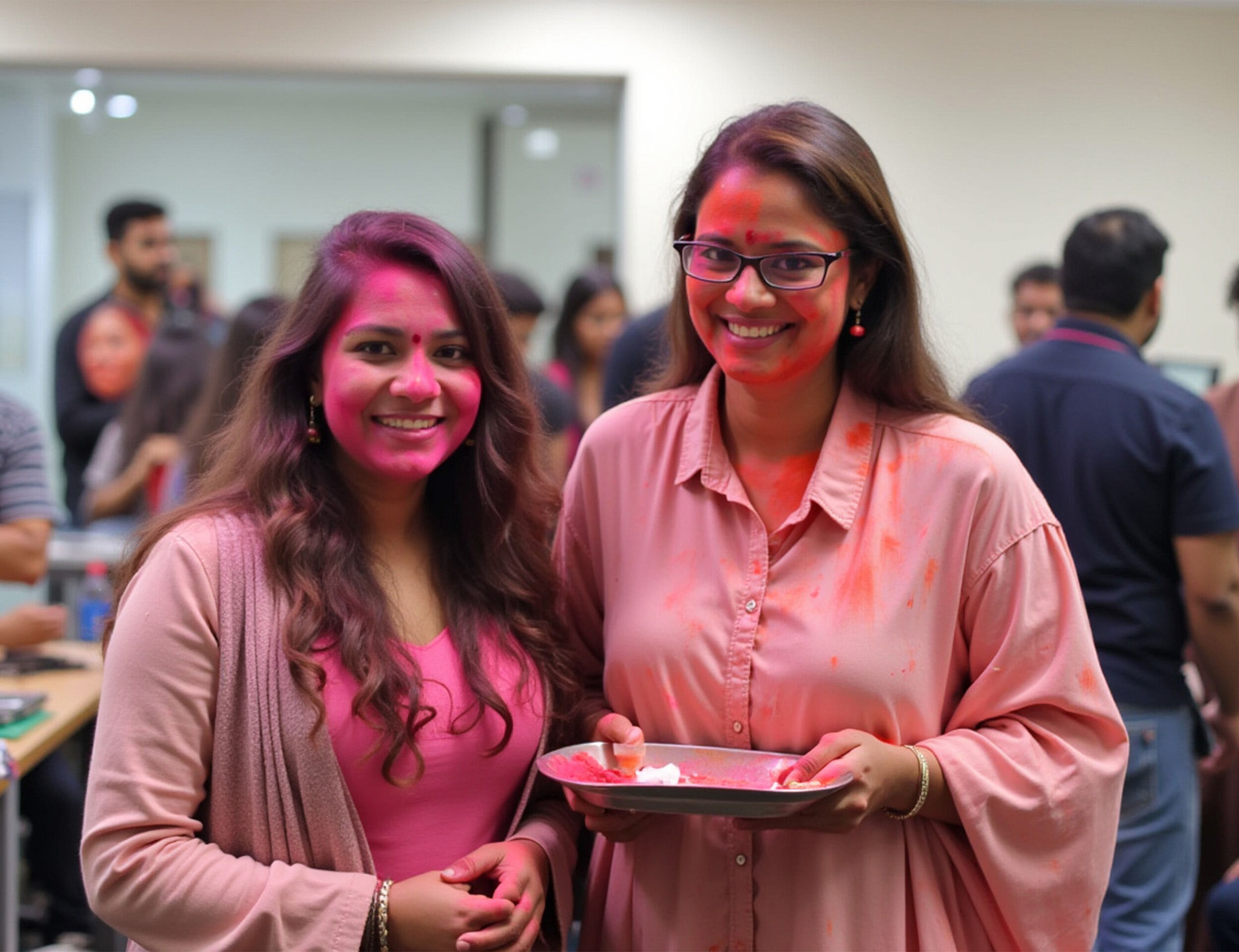 Two women in office colorurs on their face celebfrating holi 